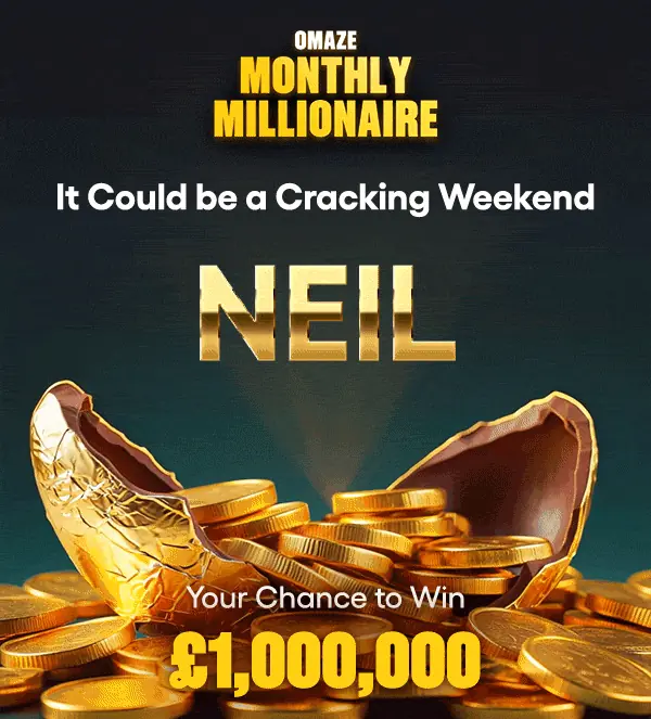 Personalised, animated Omaze Monthly Millionaire hero: a golden egg cracks open to reveal the name Neil