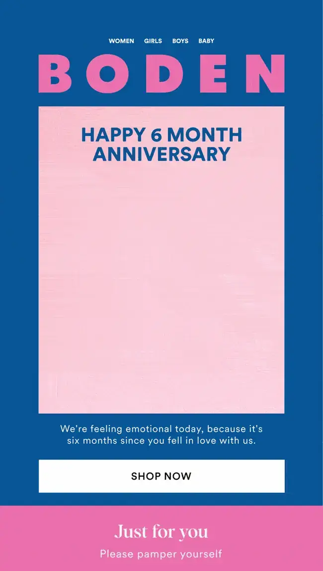 Personalised, animated Boden anniversary hero: Happy 6 month anniversary, with a card showing a red heart and the name Alexandra